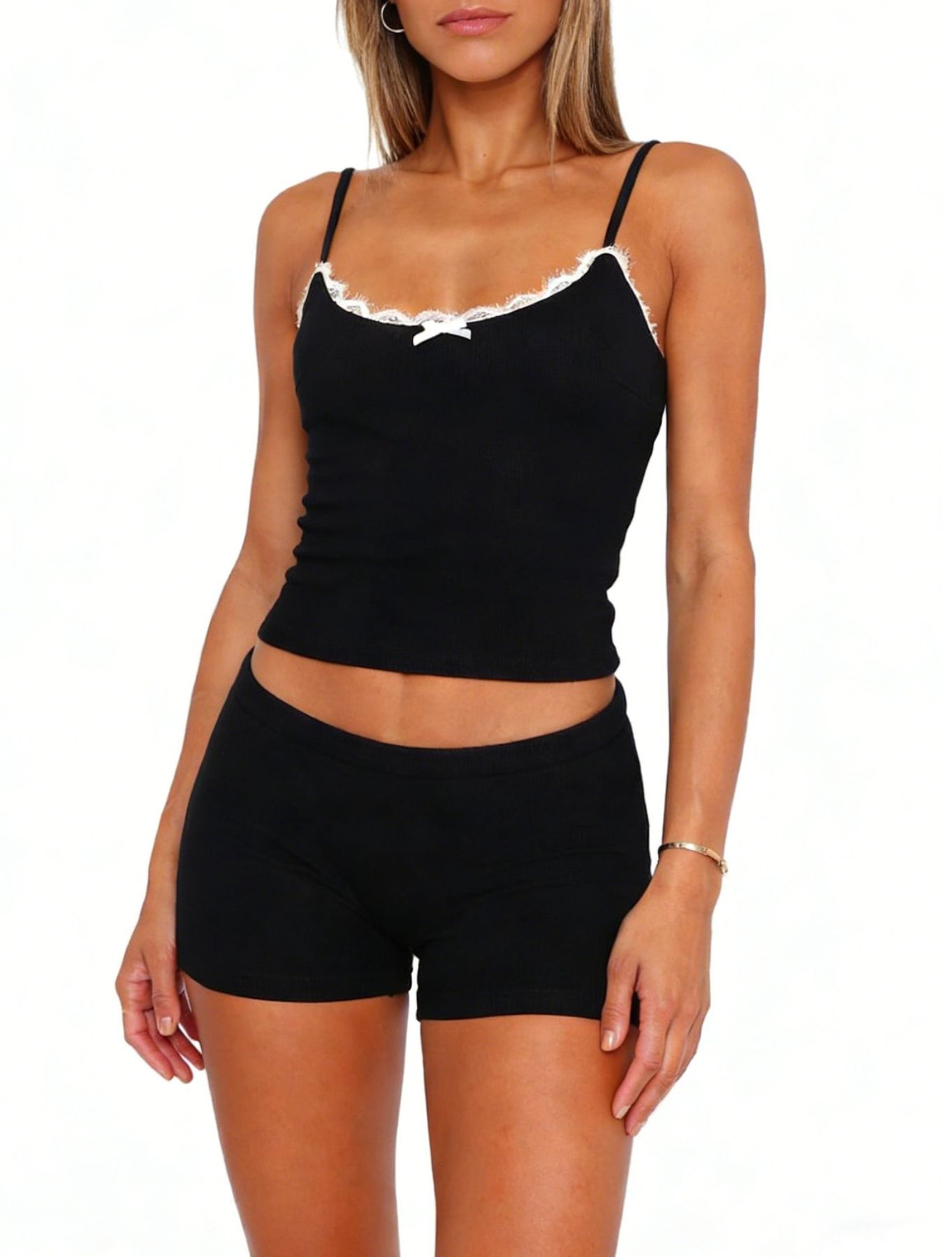 Contrast Trim Cami and Shorts Set Black / S