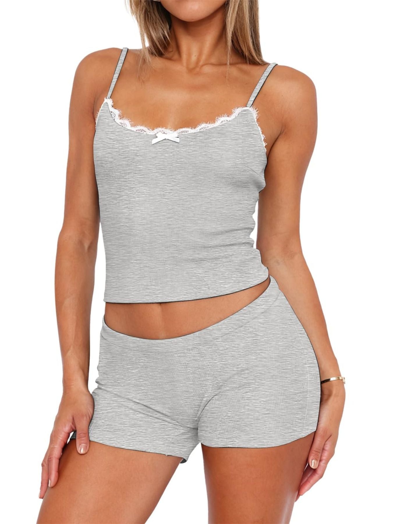 Contrast Trim Cami and Shorts Set Light Gray / S