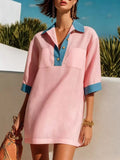 Contrast Trim Half Sleeve Dress Pink / S