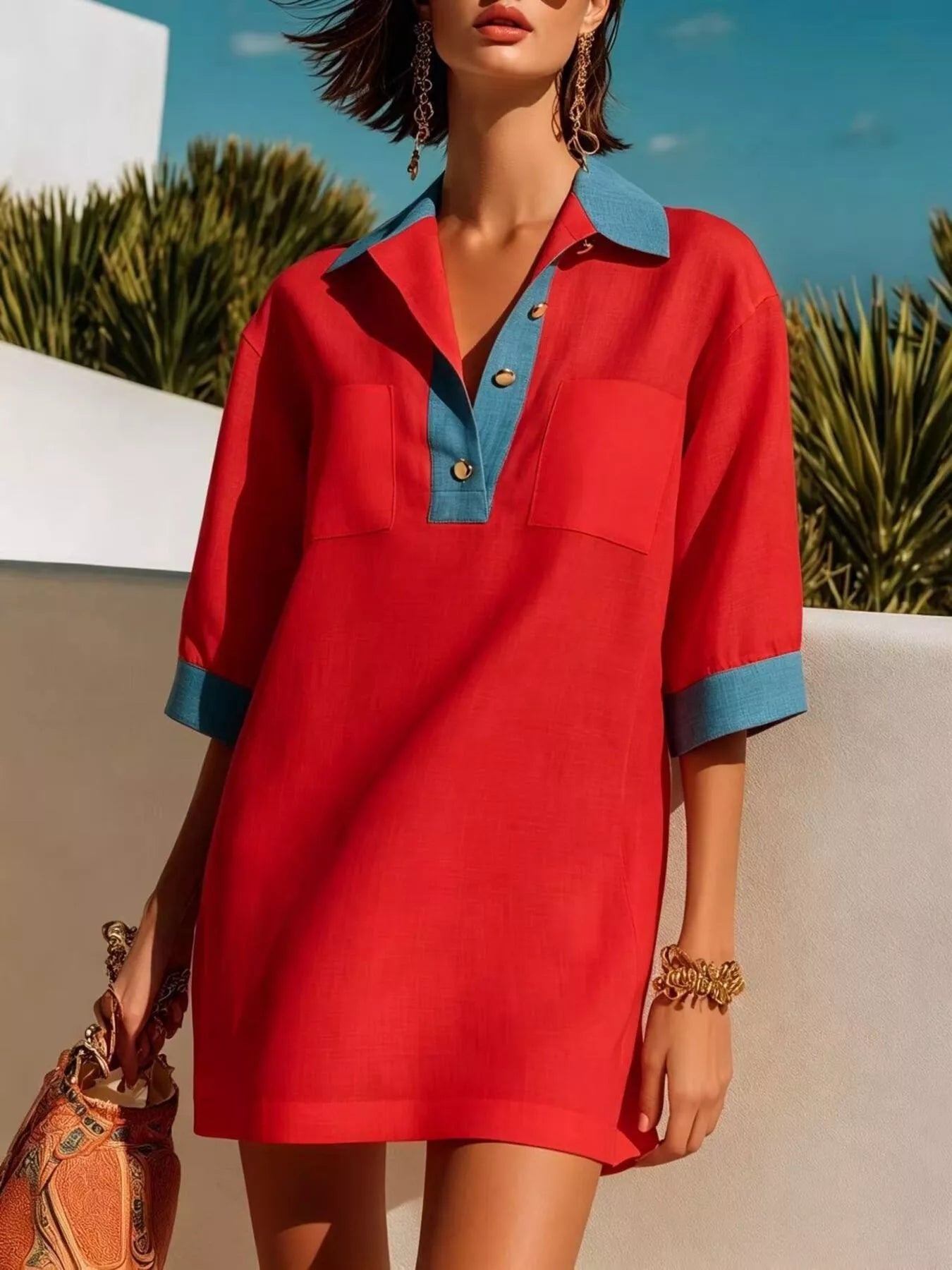 Contrast Trim Half Sleeve Dress Red / S