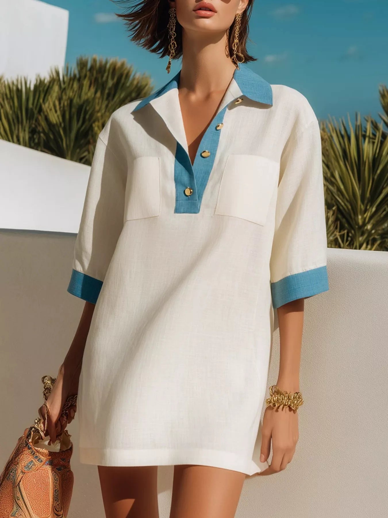 Contrast Trim Half Sleeve Dress White / S