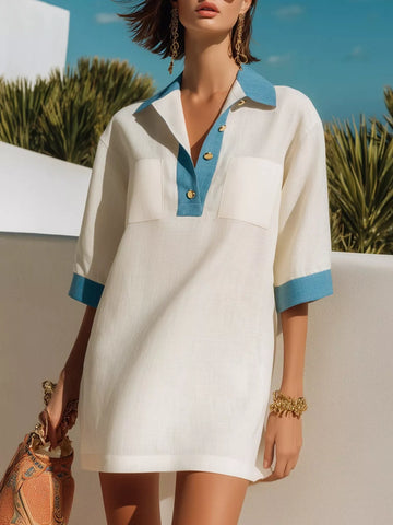 Contrast Trim Half Sleeve Dress White / S