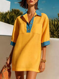 Contrast Trim Half Sleeve Dress Yellow / S