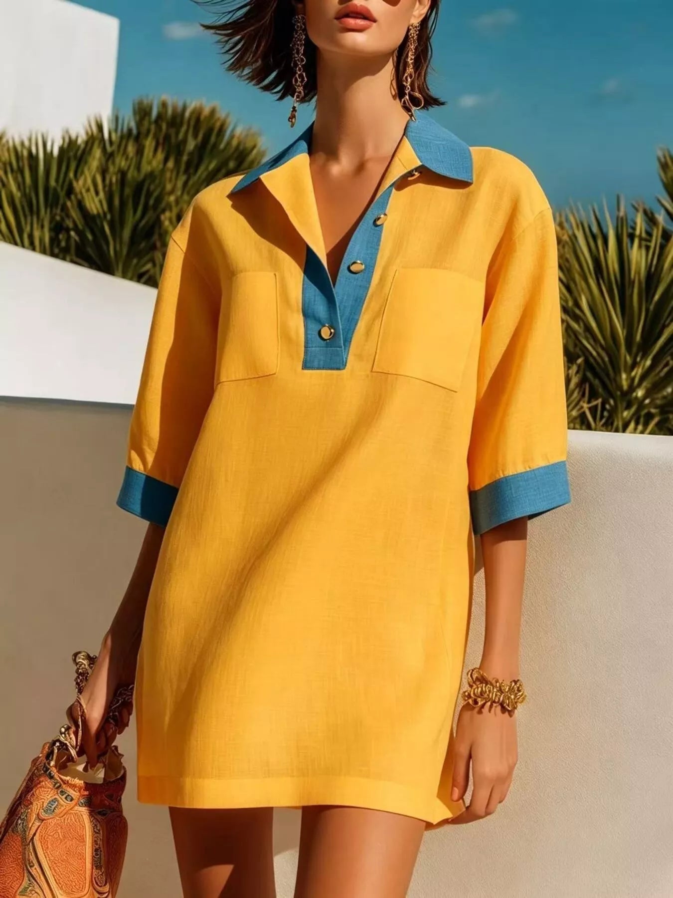 Contrast Trim Half Sleeve Dress Yellow / S
