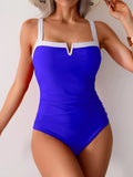 Contrast Trim Ruched One-Piece Swimsuit Sapphire Blue White / S