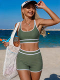 Contrast Trim Scoop Neck Swim Set Army Green / S
