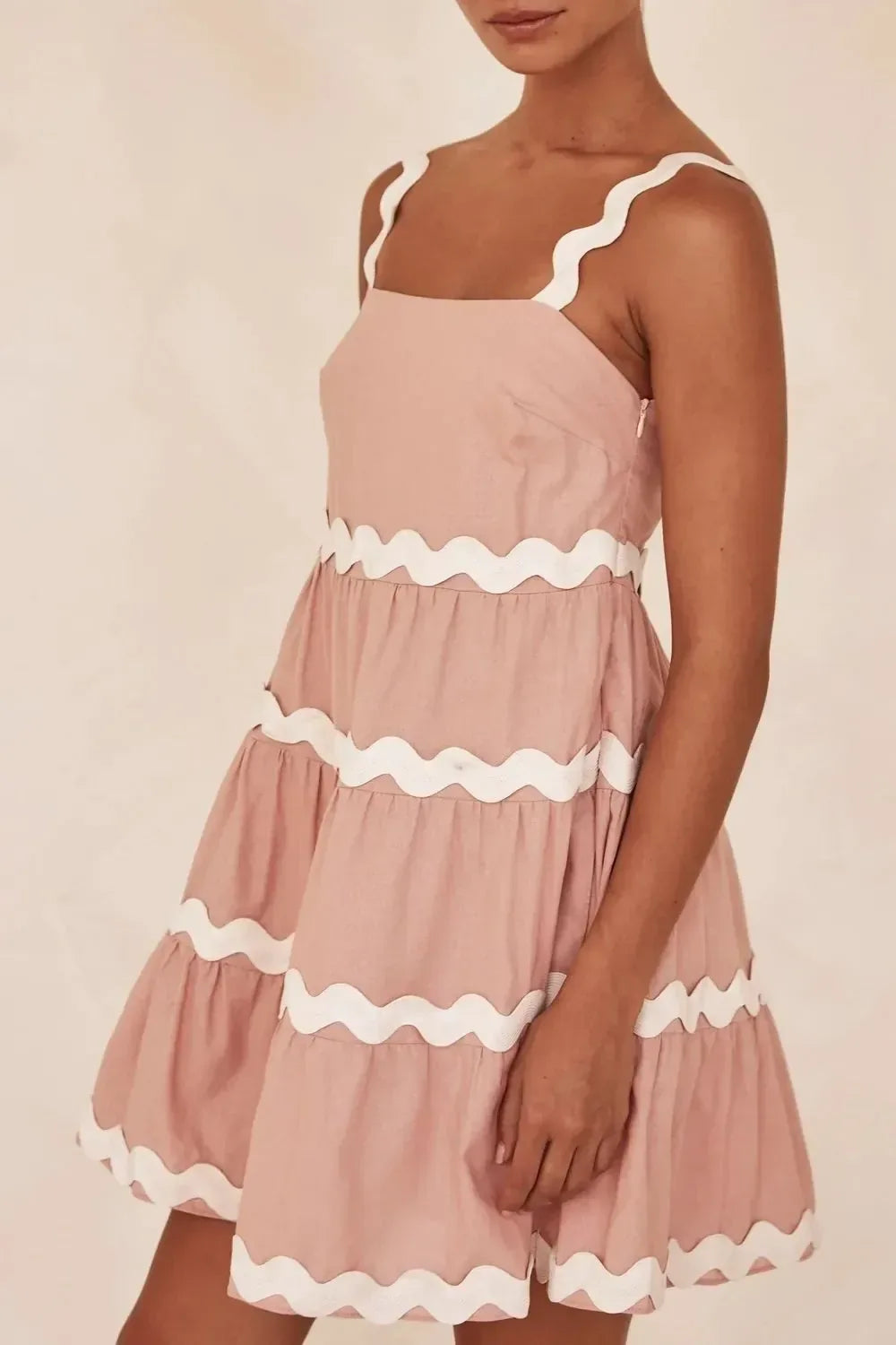 Contrast Trim Square Neck Dress Pale Blush / S