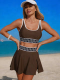 Contrast Trim Tank and Skort Swim Set Brown / S