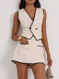 Contrast Trim Vest and Skirt Set Beige / S