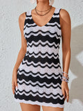 Contrast Wave Striped Knit Slit Cover-Up Dress