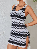 Contrast Wave Striped Knit Slit Cover-Up Dress