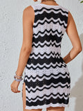 Contrast Wave Striped Knit Slit Cover-Up Dress