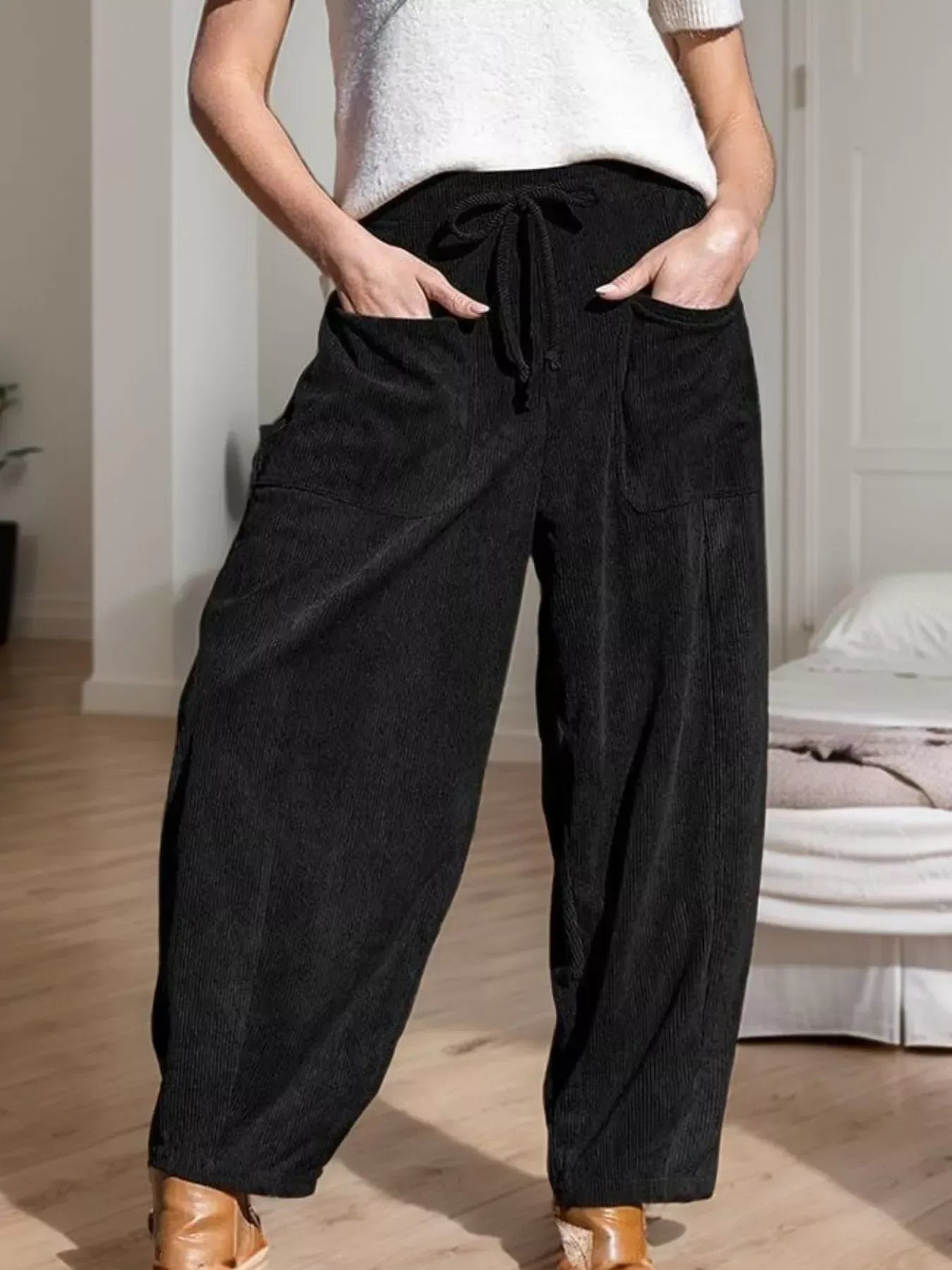 Corduroy Wide Leg Pants for Women Black / S
