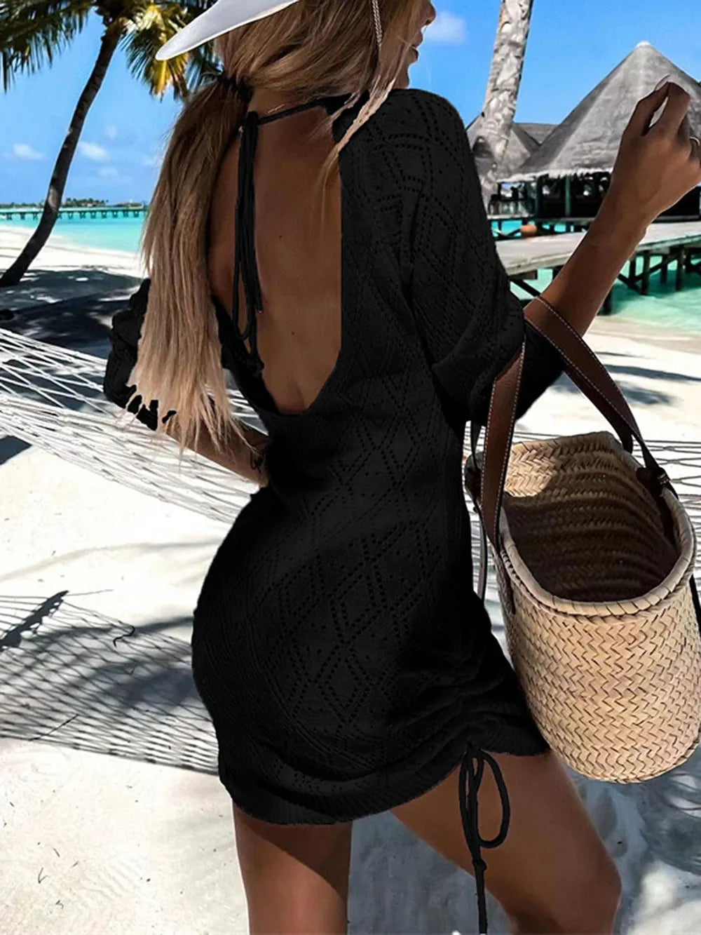 Cotton Backless Drawstring Round Neck Cover-Up