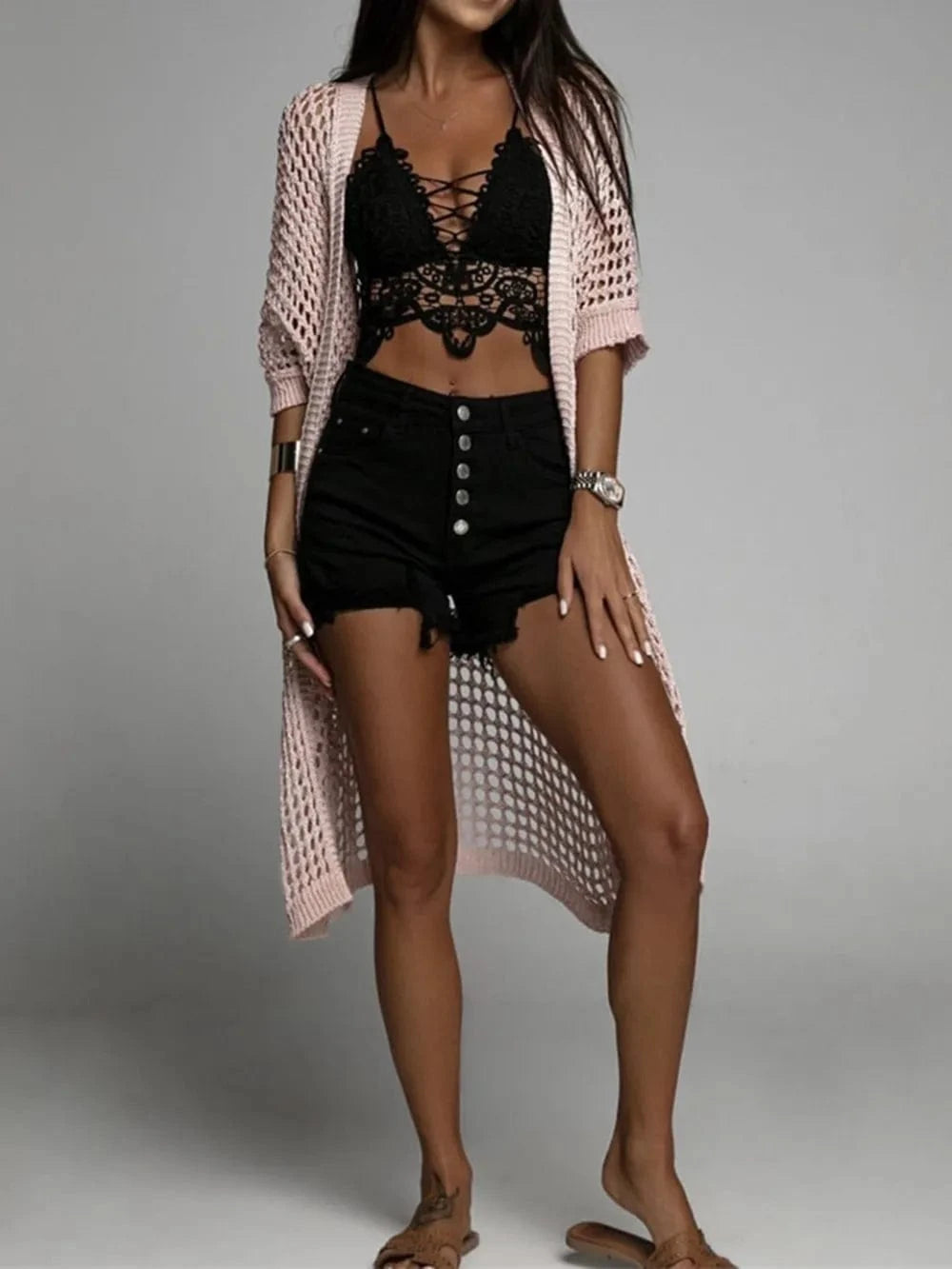 Apricot Openwork Open Front Three-Quarter Sleeve Cover Up coverups