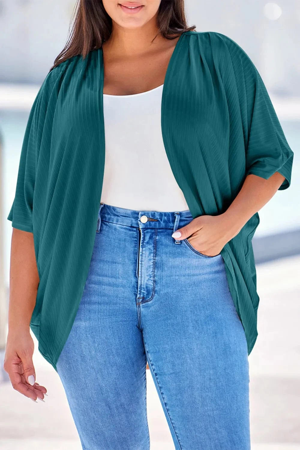 Dark Green Plus Size Ribbed Cocoon Cover Up coverups