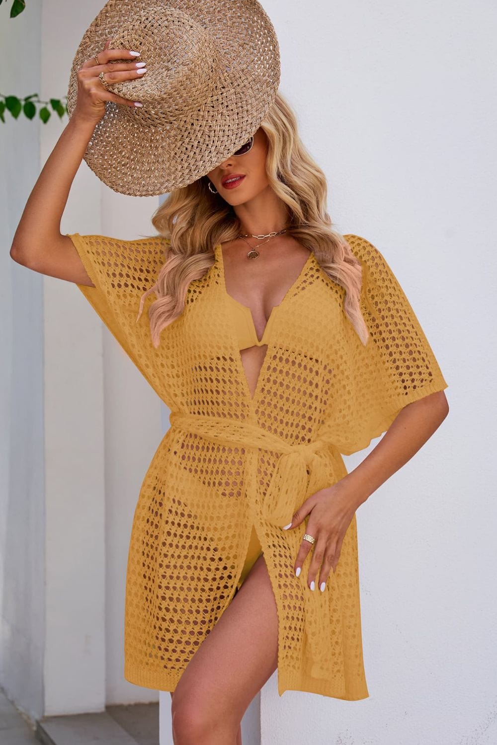 Honey Openwork Tie Waist Cover Up coverups