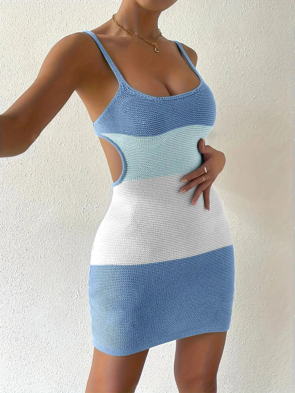 Light Blue Color Block Scoop Neck Cover Up Dress coverups