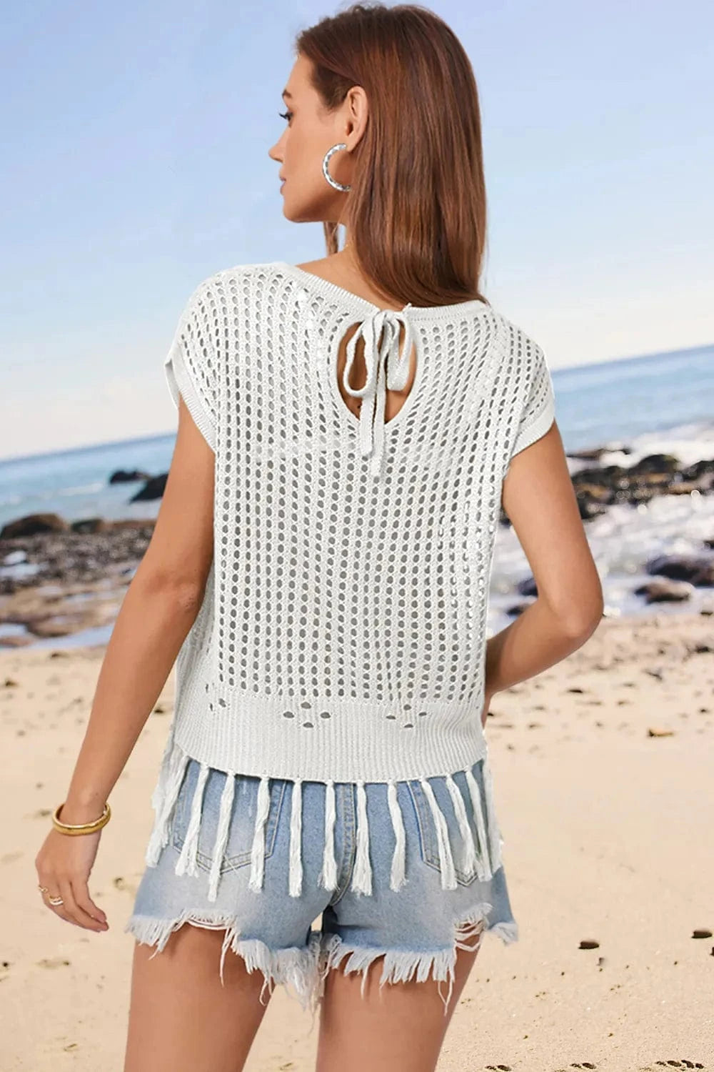 Openwork Cap Sleeve Knit Cover Up with Tassel coverups