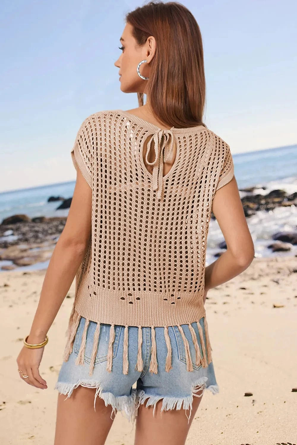 Openwork Cap Sleeve Knit Cover Up with Tassel coverups
