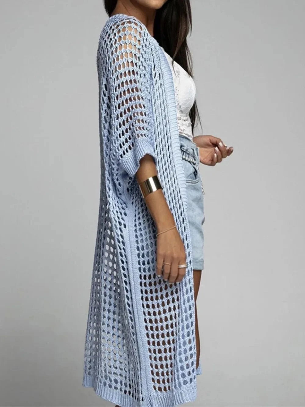Openwork Open Front Three-Quarter Sleeve Cover Up coverups