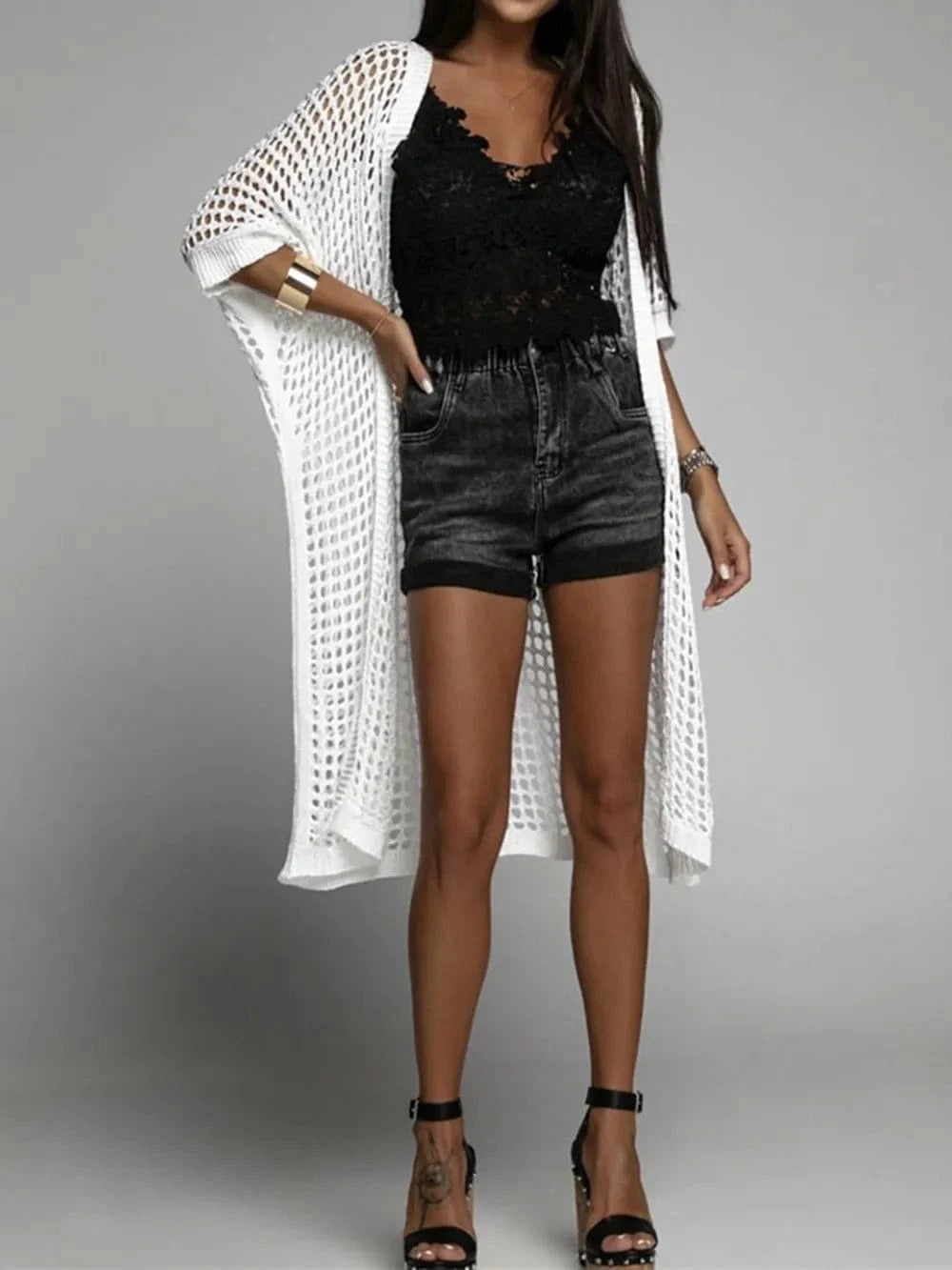 Openwork Open Front Three-Quarter Sleeve Cover Up coverups