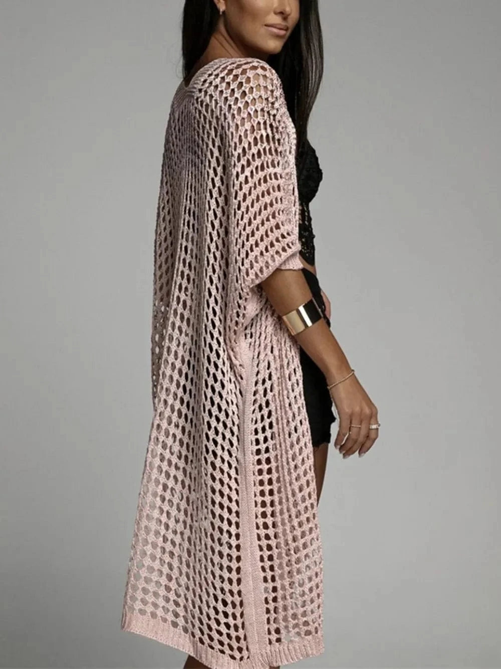 Openwork Open Front Three-Quarter Sleeve Cover Up coverups
