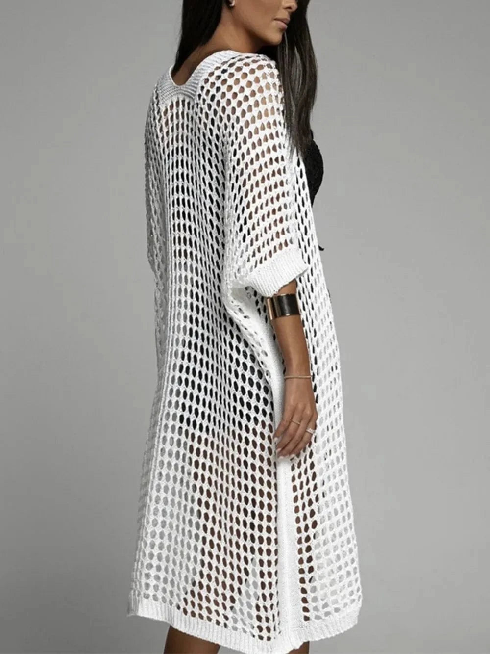 Openwork Open Front Three-Quarter Sleeve Cover Up coverups
