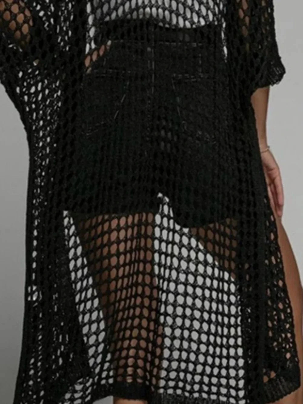 Openwork Open Front Three-Quarter Sleeve Cover Up coverups