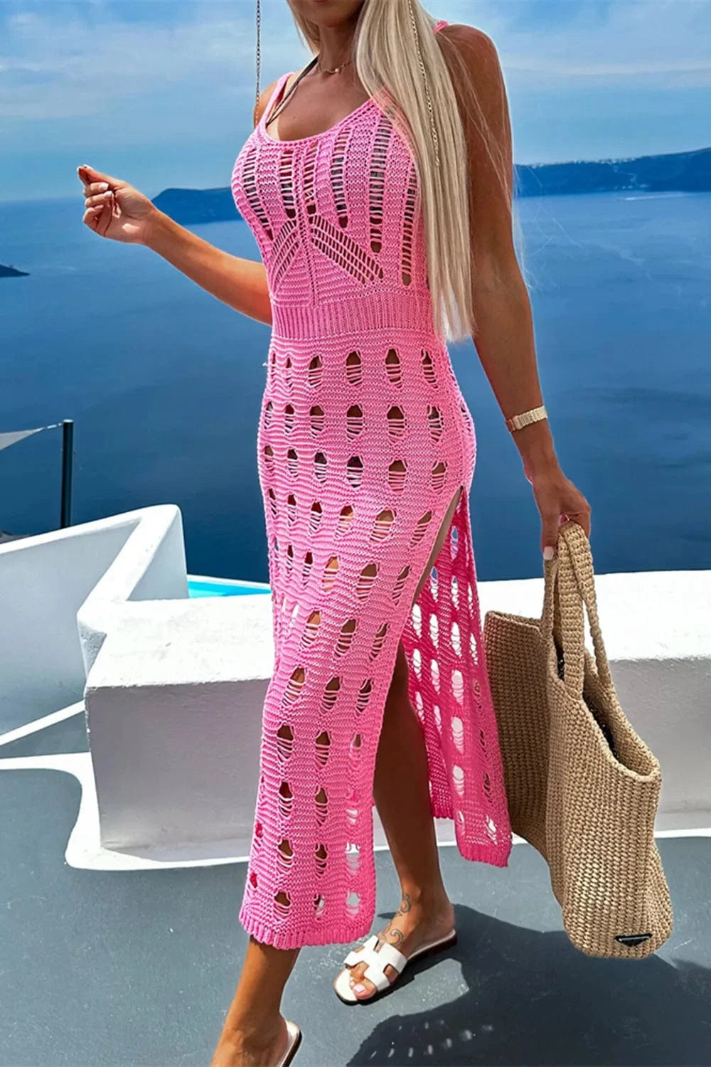 Openwork Slit Scoop Neck Sleeveless Cover Up coverups