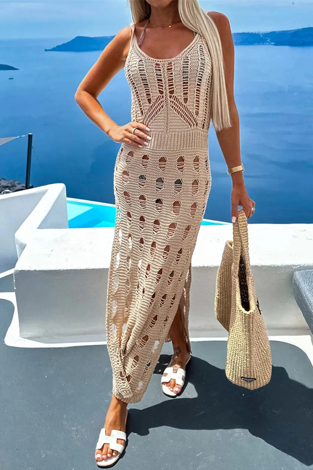 Openwork Slit Scoop Neck Sleeveless Cover Up coverups