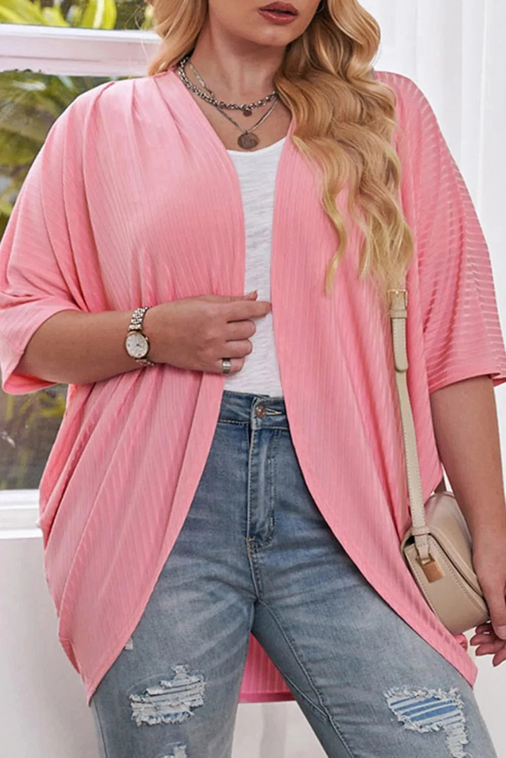 Pink Plus Size Ribbed Cocoon Cover Up coverups