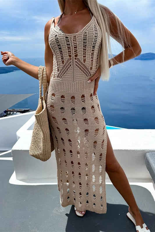 Tan Openwork Slit Scoop Neck Sleeveless Cover Up coverups