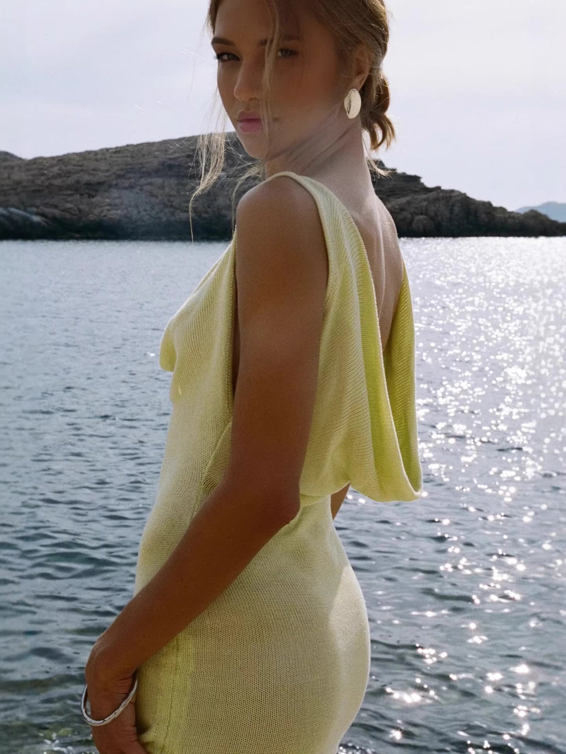 Cowl Neck Drawstring Mini Dress Yellow / S