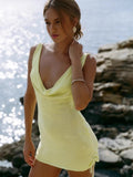 Cowl Neck Drawstring Mini Dress Yellow / S