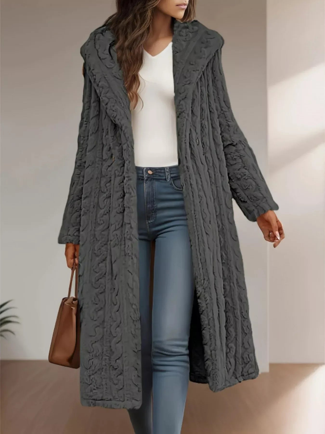 Cozy Hooded Button Up Longline Outerwear for Women Gray / S