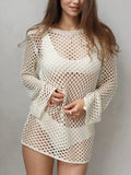 Crochet Backless Long Sleeve Cover-Up Dress Cream / S