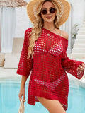 Crochet Knit Slit Swim Cover-Up Deep Red / One Size