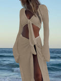 Crochet Knit Long Sleeve Crop Top and Slit Skirt Sweater Set