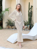 Crochet Knit Long Sleeve Cover-Up Dress Tan / S