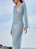 Crochet Knit Long Sleeve Maxi Cover-Up Dress