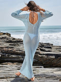 Crochet Knit Long Sleeve Maxi Cover-Up Dress