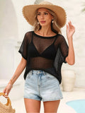 Crochet Knit Round Neck Cover-Up Black / S