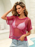 Crochet Knit Round Neck Cover-Up Fuchsia Pink / S