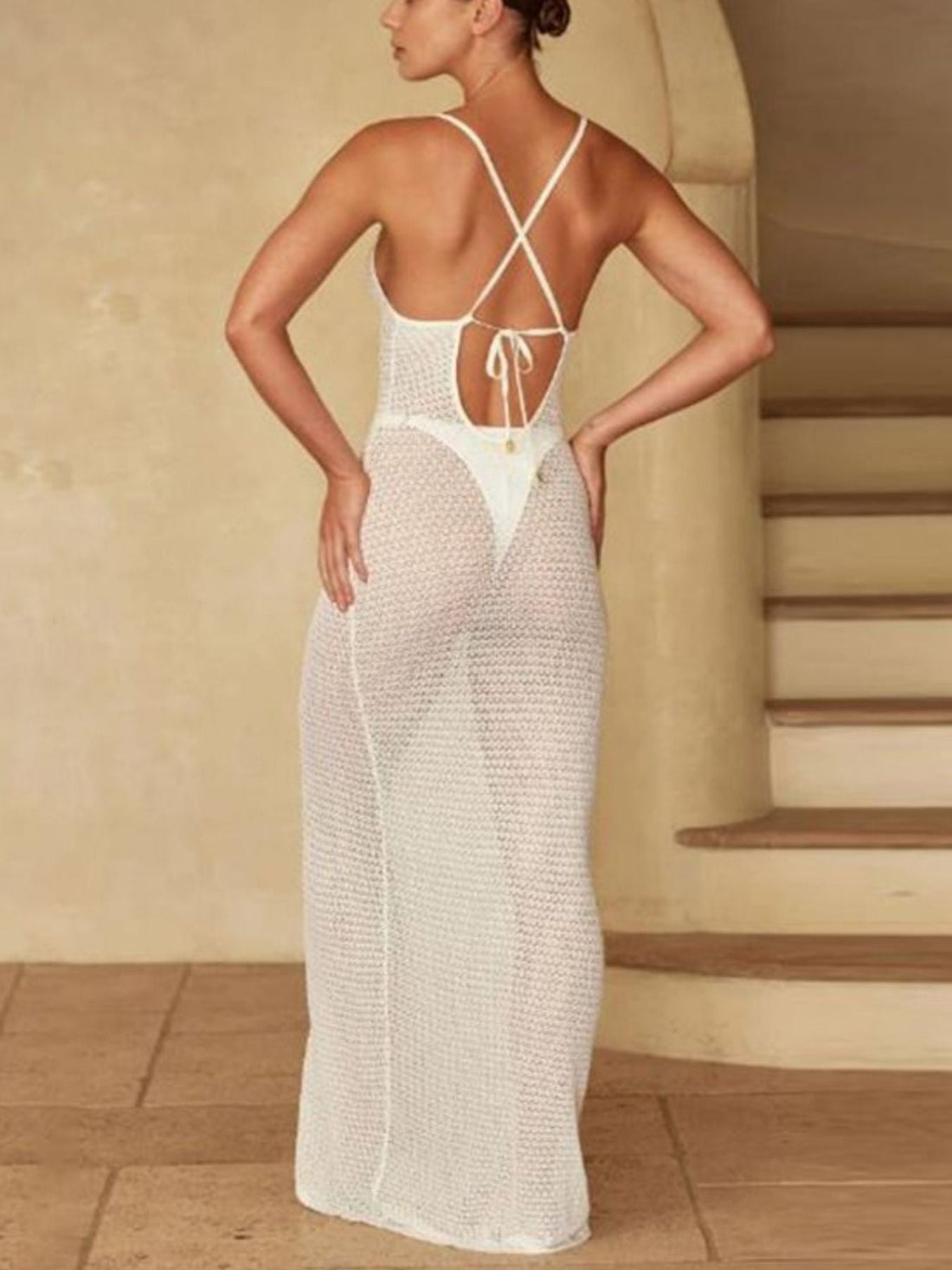 Crochet Knit Slit Cover-Up Dress White / S