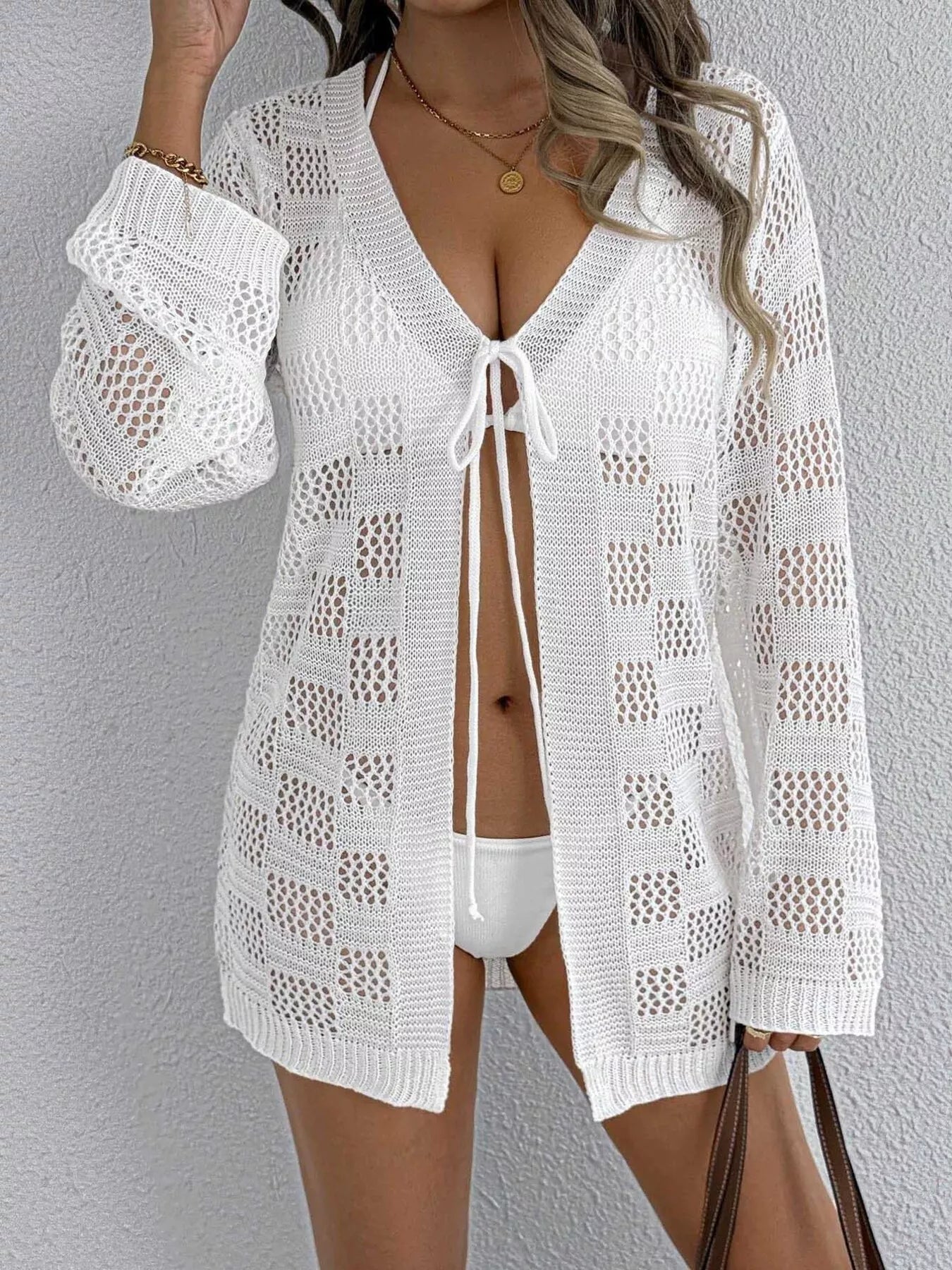 Crochet Knit Tie Front Cover-Up White / One Size