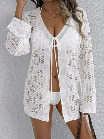 Crochet Knit Tie Front Cover-Up White / One Size