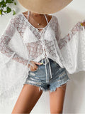Crochet Knit Tie Front Cover-Up White / S