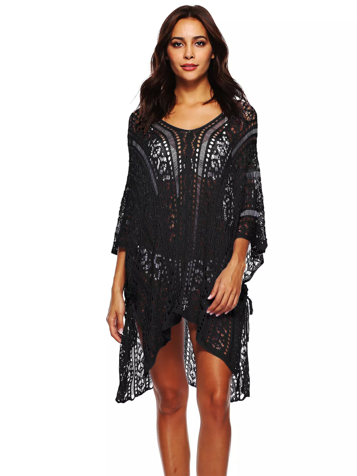 Crochet Knit V-Neck Cover-Up Black / One Size