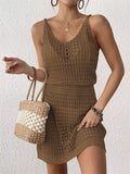 Crochet Knit V-Neck Cover-Up Dress Brown / S